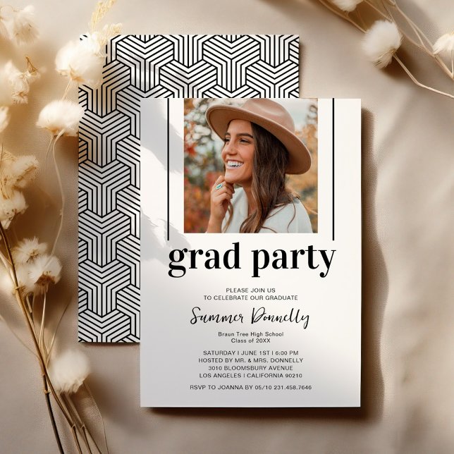 Geometric Black White Photo Graduation Party Invitation (Creator Uploaded)