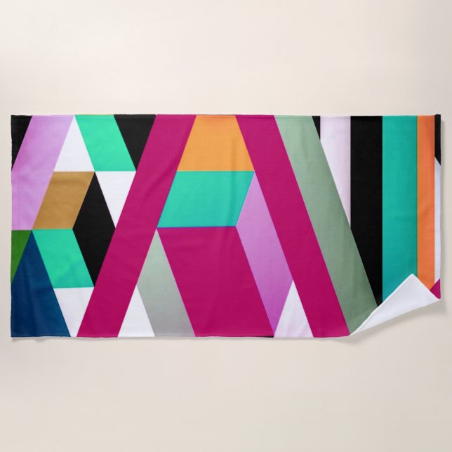 Geometric Block Art Bright Colorful Trendy Beach Towel (Front)