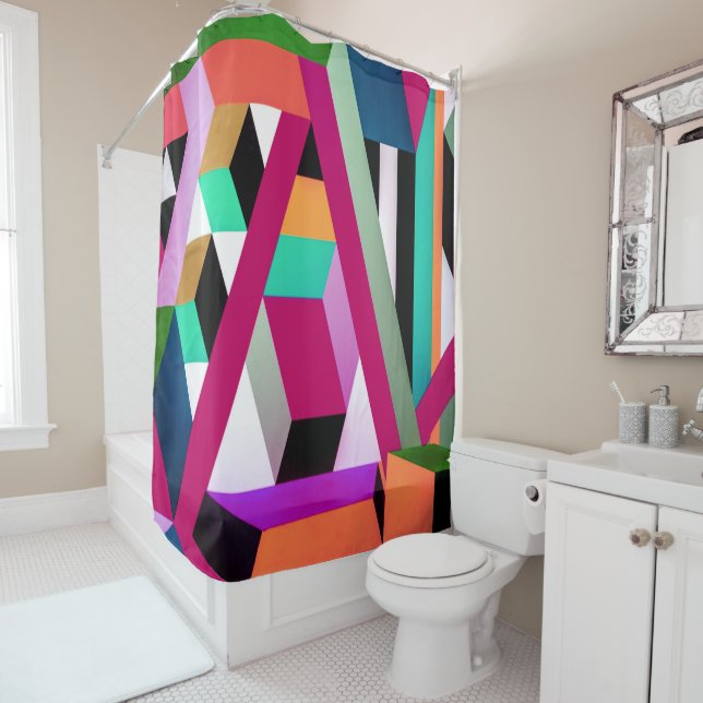 Geometric Block Art Bright Colorful Trendy Shower Curtain (In Situ)