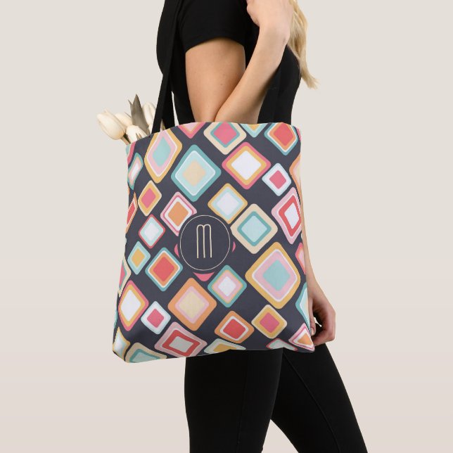 Geometric Blocks Retro Pattern Monogram Tote Bag (Close Up)