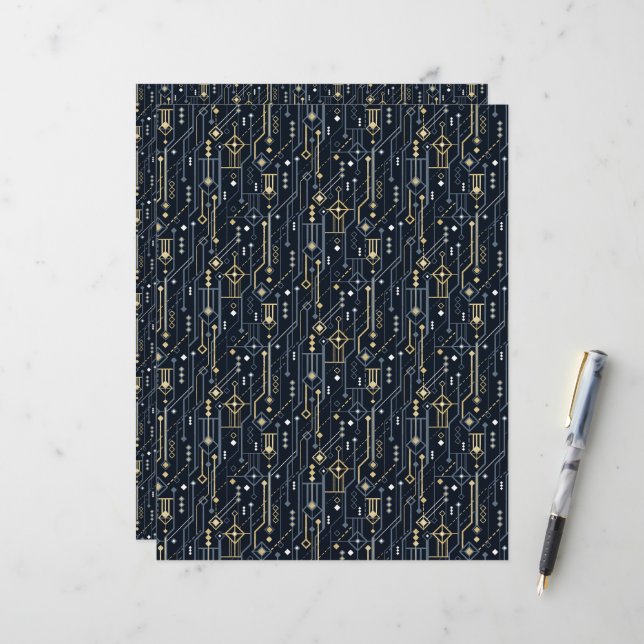 Geometric Blue and Gold Art Deco Scrapbook Paper (Front/Back In Situ)