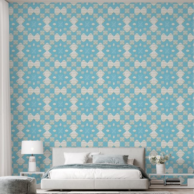 Geometric Blue and White Pattern Wallpaper (Bedroom)