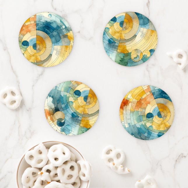 Geometric Blue and Yellow Watercolor Abstract Coaster Set (In Situ)