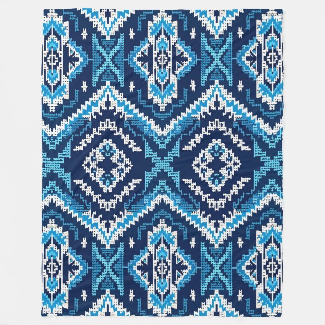 Geometric Blue Aztec Knitted Art Fleece Blanket (Front)