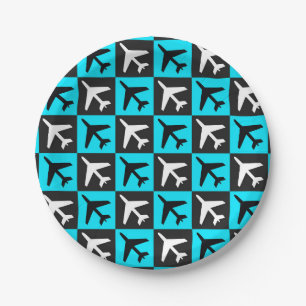 Geometric Blue Black Aviation Jets Airplane Paper Plates