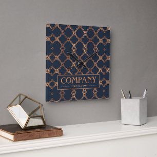 Geometric Blue Company Name Square Wall Clock