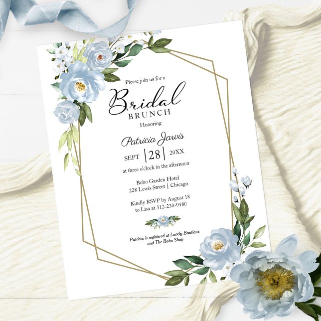 Geometric Blue Floral Bridal Brunch Invitations (Creator Uploaded)