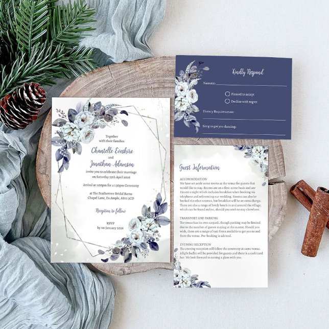 Geometric Blue Floral Wedding Invitation (Creator Uploaded)