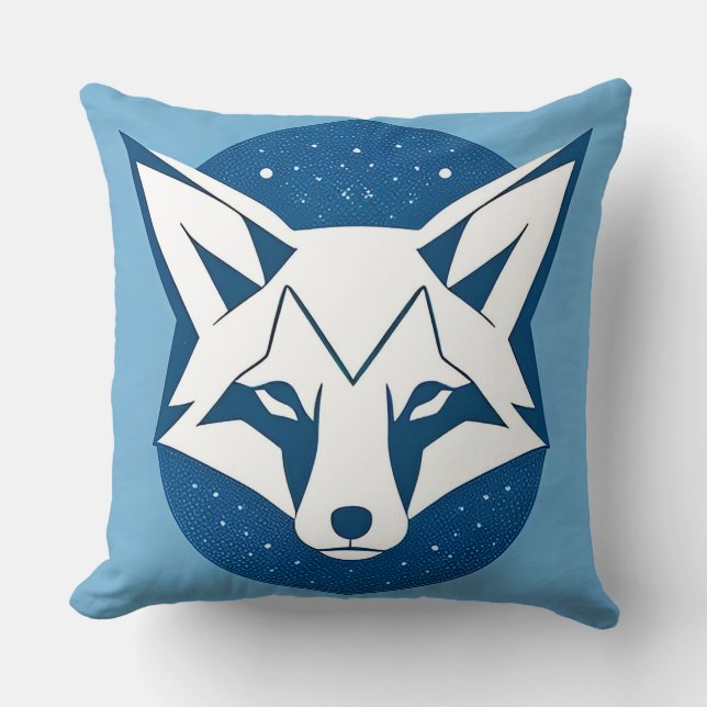 Geometric Blue Fox Illustration Throw Pillow (Front)