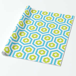 Geometric Blue Green Hexagon & Cross Pattern Wrapping Paper