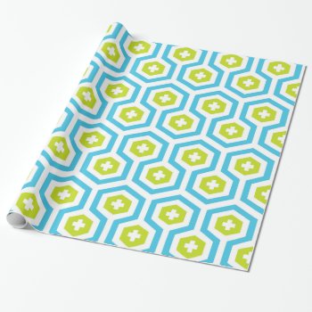 Geometric Blue Green Hexagon & Cross Pattern Wrapping Paper by VintageDesignsShop at Zazzle
