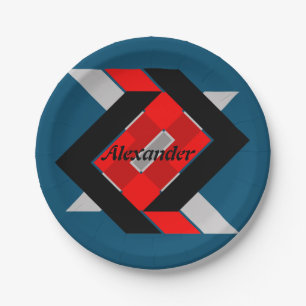 Geometric blue grey red black personalized simply paper plates