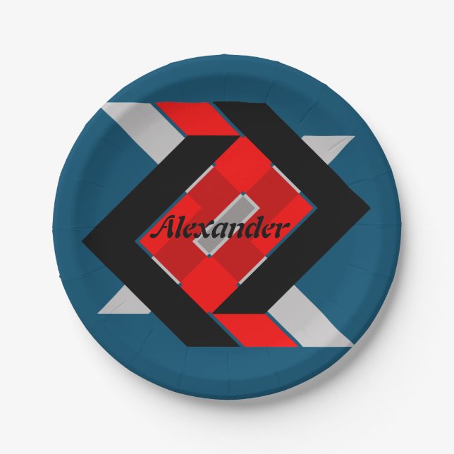 Geometric blue grey red black personalized simply paper plates (Front)