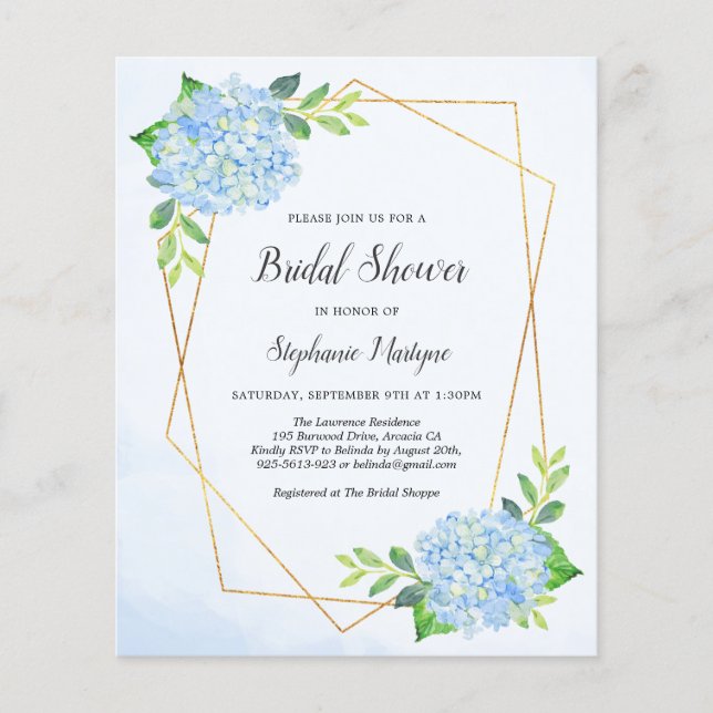 Geometric Blue Hydrangea Budget Bridal Shower (Front)