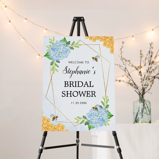 Geometric Blue Hydrangea Honey Bee Bridal Shower Foam Board (In Situ (Stand))