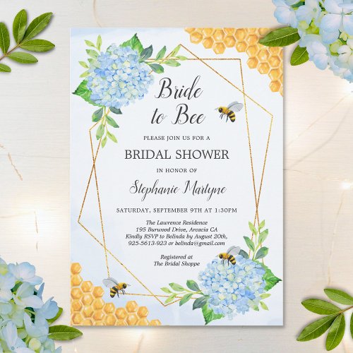 Geometric Blue Hydrangea Honey Bee Bridal Shower Invitation