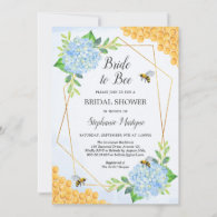 Geometric Blue Hydrangea Honey Bee Bridal Shower Invitation