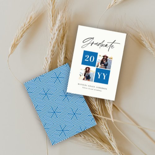 Geometric blue  multi photo simple script Grad Announcement