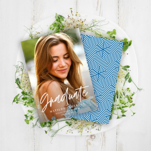 Geometric blue photo graduation elegant script announcement