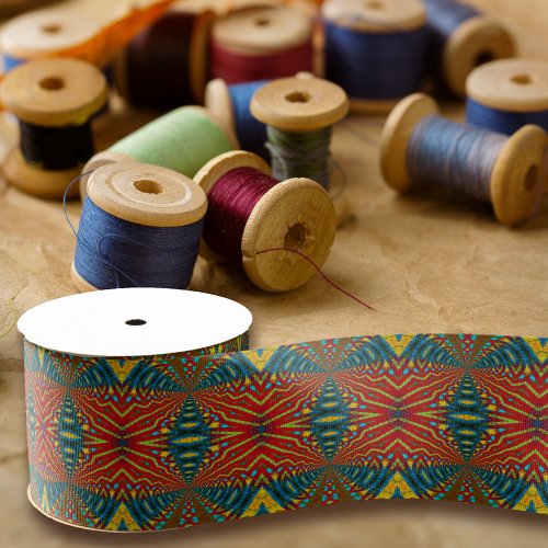 Geometric Blue Red  Yellow Vintage Tribal Ethnic  Grosgrain Ribbon