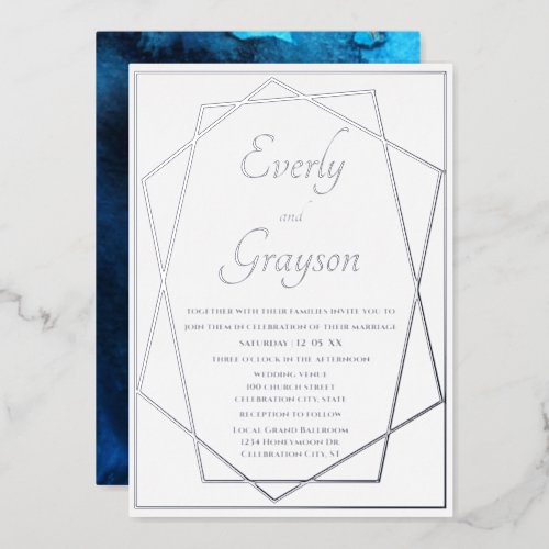 Geometric Blue  Silver Wedding     Foil Invitation