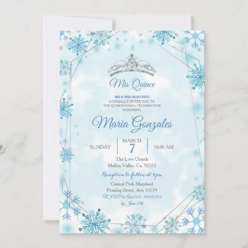 Geometric  Blue Snowflakes Sweet 15th Birthday Invitation