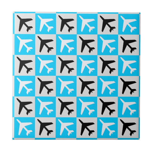 Geometric Blue White Aviation Airplane Ceramic Tile (Front)