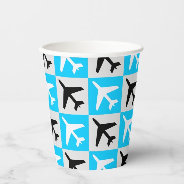 Geometric Blue White Aviation Jets Airplane Paper Cups (Front)
