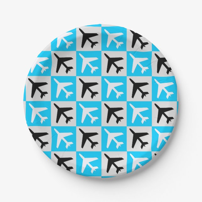 Geometric Blue White Aviation Jets Airplane Paper Plates (Front)