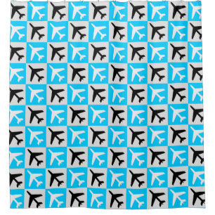 Geometric Blue White Aviation Jets Airplane Shower Curtain