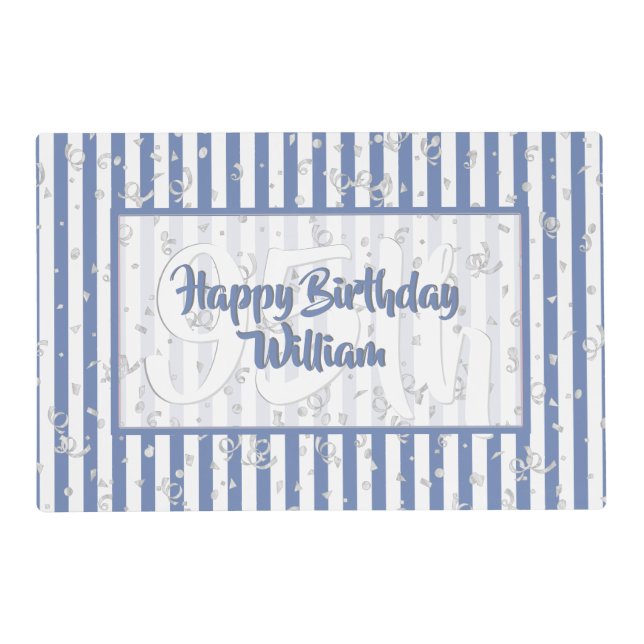 Geometric Blue/White Stripe Happy Birthday Placemat (Front)