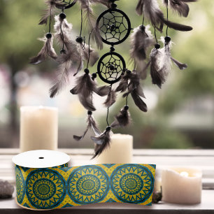 Geometric Blue & Yellow Sun Vintage Tribal Ethnic Satin Ribbon