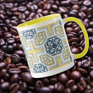 Geometric Blue Yellow Tile Pattern Coffee Mug