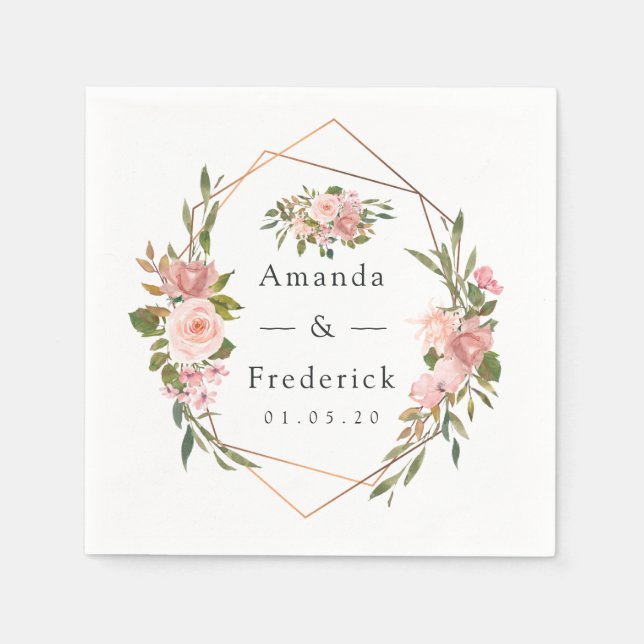 Geometric Blush and Rose Gold Floral Wedding Napkins (Front)