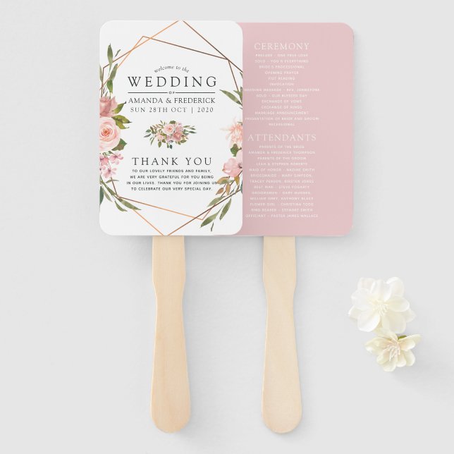Geometric Blush and Rose Gold Wedding Program Hand Fan (Front and Back)
