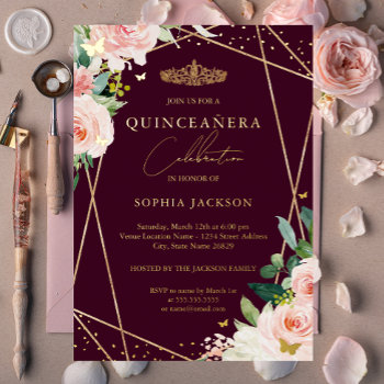 Geometric Blush Burgundy Gold Floral Quinceanera Foil Invitation by LittleBayleigh at Zazzle