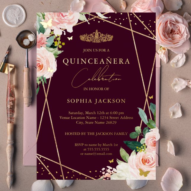 Geometric Blush Burgundy Gold Floral Quinceanera Foil Invitation (Creator Uploaded)