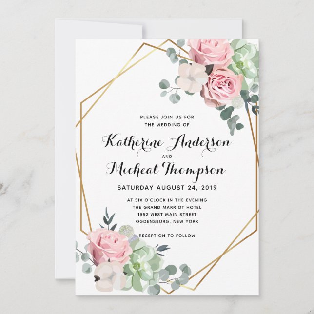 Geometric Blush Floral Wedding Invitation (Front)