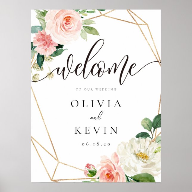 Geometric Blush Floral Wedding Welcome Sign (Front)