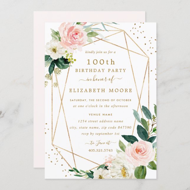 Geometric Blush Gold Floral 100th Birthday Invite (Front/Back)