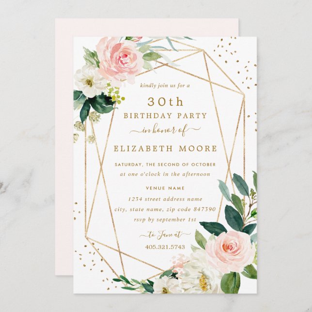 Geometric Blush Gold Floral 30th Birthday Invite (Front/Back)