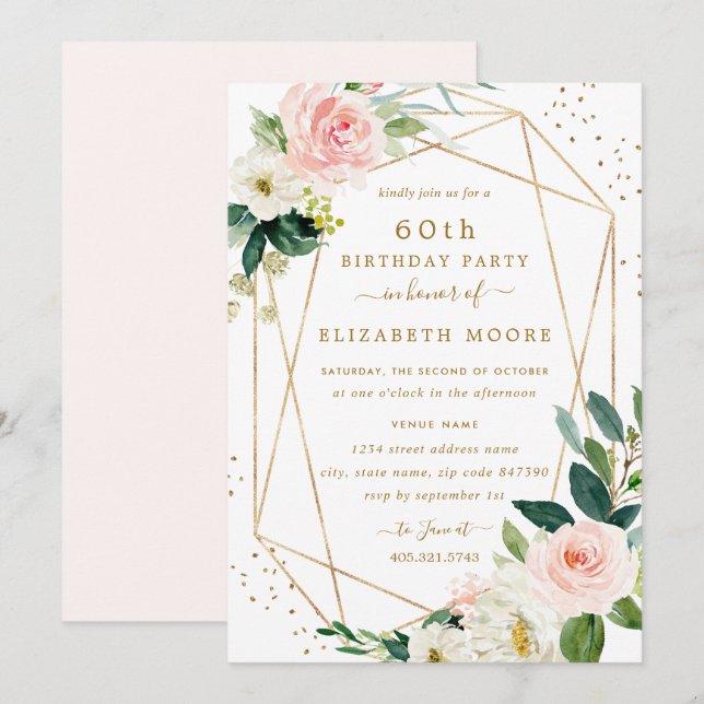 Geometric Blush Gold Floral 60th Birthday Invite (Front/Back)
