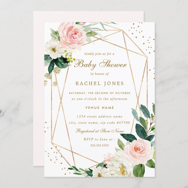 Geometric Blush Gold Floral Baby Shower Invitation (Front/Back)