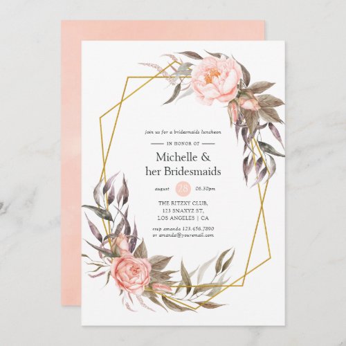 Geometric Blush  Gold Floral Bridesmaids Luncheon Invitation