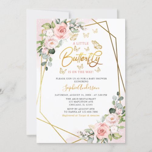 Geometric Blush Gold Floral Butterfly Baby Shower Invitation