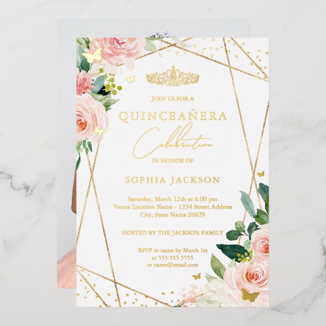 Geometric Blush Gold Floral Photo Quinceanera   Foil Invitation (Front/Back)