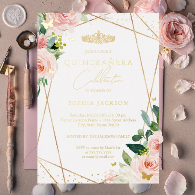 Geometric Blush Gold Floral Quinceanera  Foil Invitation (Creator Uploaded)