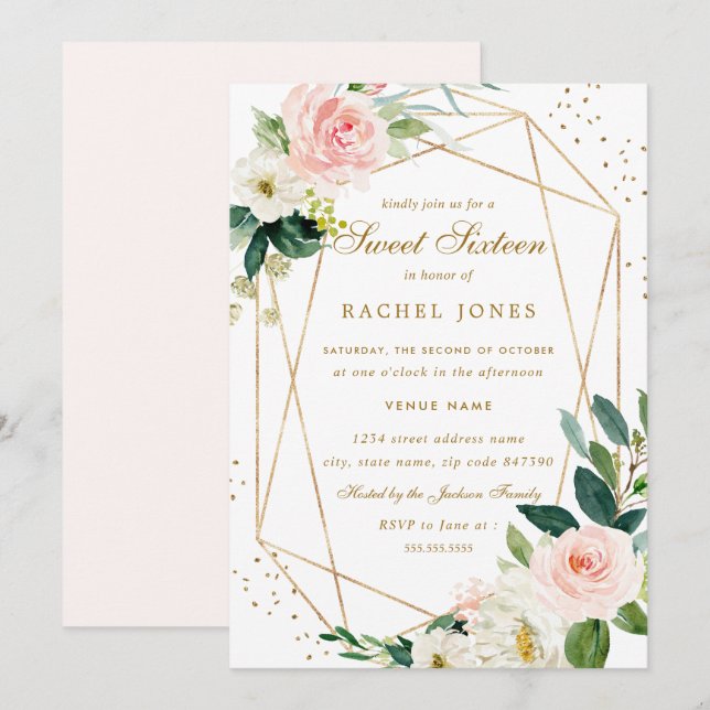 Geometric Blush Gold Floral Sweet Sixteen Invite (Front/Back)