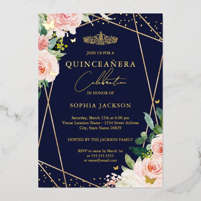 Geometric Blush Navy Floral Photo Quinceanera  Foil Invitation (Front)