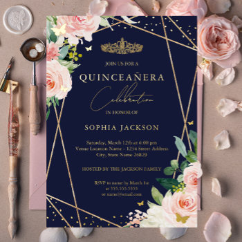 Geometric Blush Navy Gold Floral Quinceanera Foil Invitation by LittleBayleigh at Zazzle